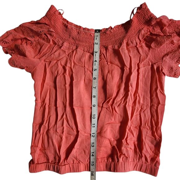Lulumari Coral Orange Cropped Boho Smocked Off Shoulder Top sz S - Picture 10 of 11